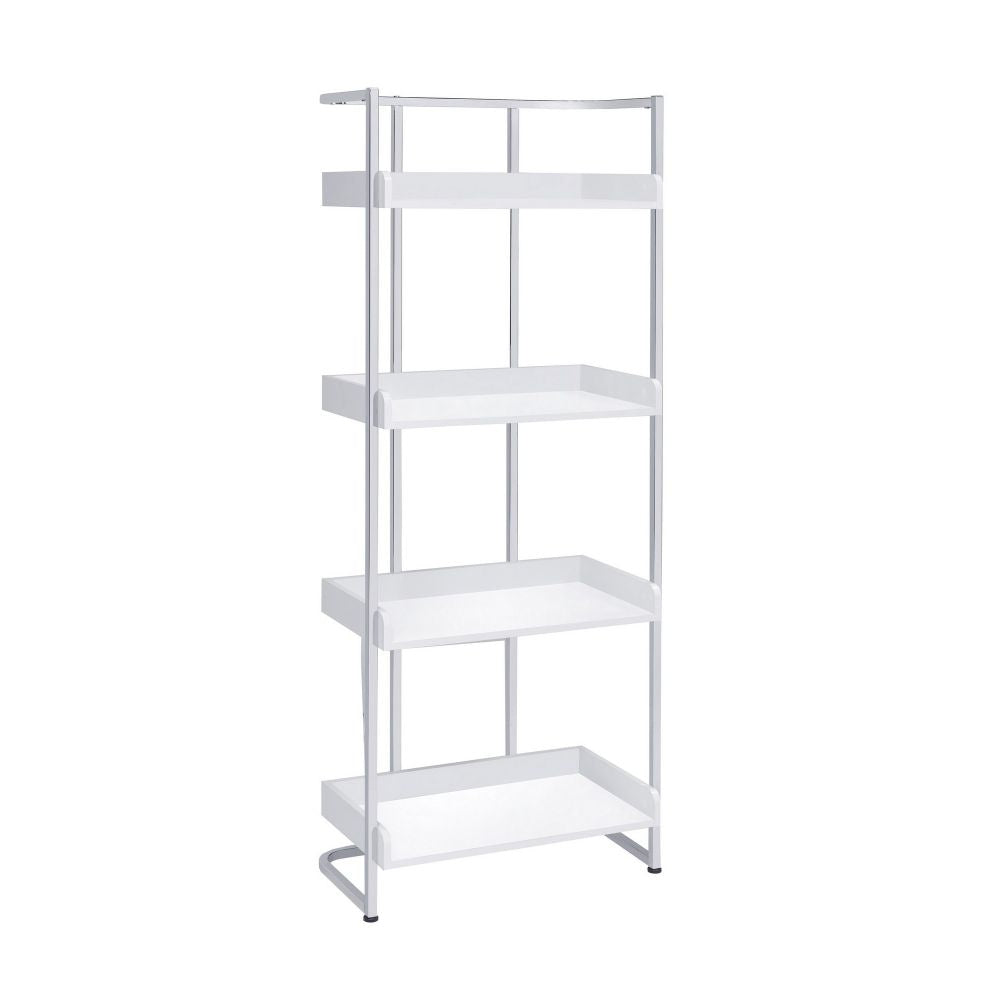 68 Inch Modern Bookcase, 4 Glossy White Tray Shelves, Chrome Steel Frame