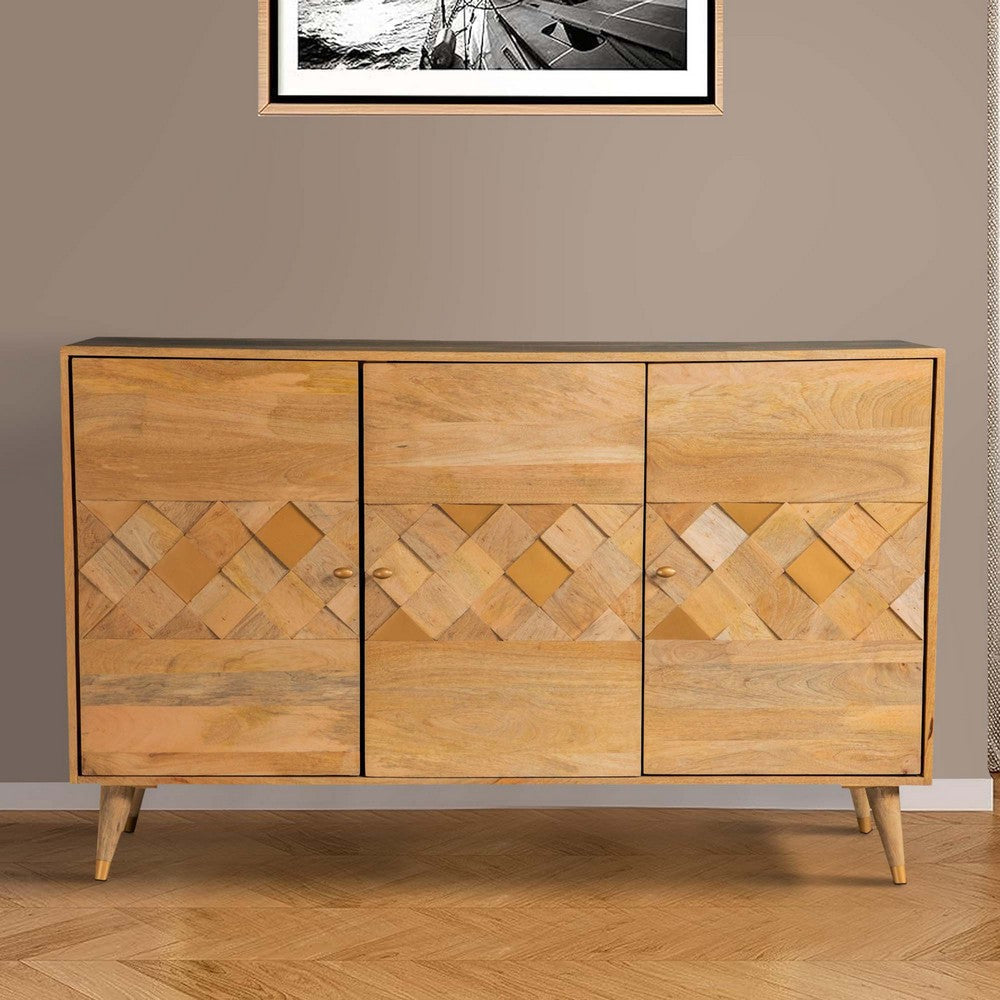 Liv 56 Inch 3 Door Sideboard Cabinet Console, Geometric, Natural Brown