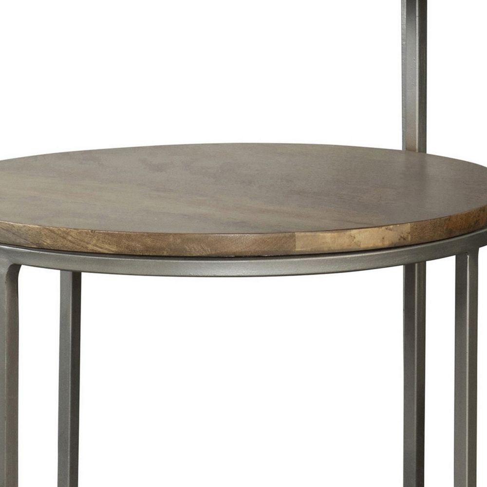 29 Inch Modern Round Accent Table 2 Tier Brown Wood Tops Gray Metal Base BM296092