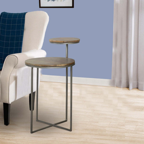 29 Inch Modern Round Accent Table, 2 Tier Brown Wood Tops, Gray Metal Base