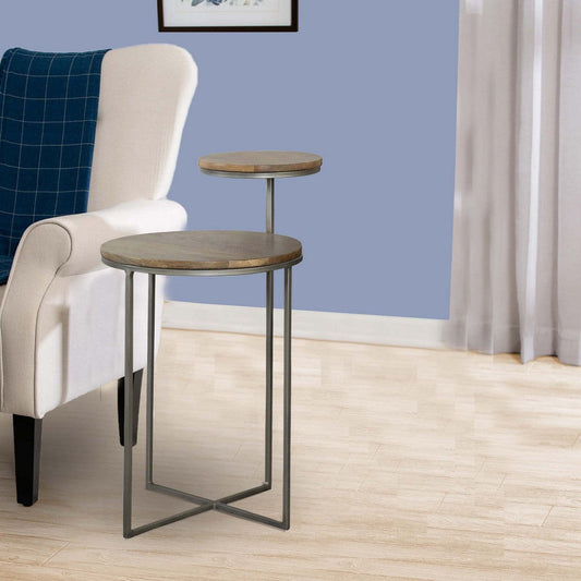 29 Inch Modern Round Accent Table, 2 Tier Brown Wood Tops, Gray Metal Base