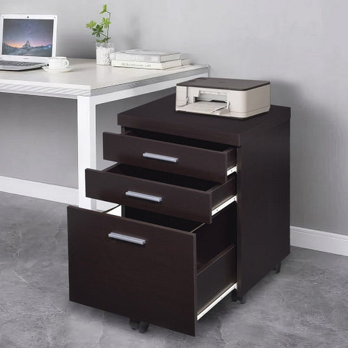 26 Inch 3 Drawer Mobile File Cabinet, Smooth Caster Wheels, Dark Cappuccino