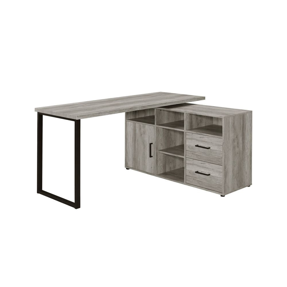 Luz 59 Inch L Shaped Office Desk, 2 Drawers, 5 Compartments, Gray Driftwood