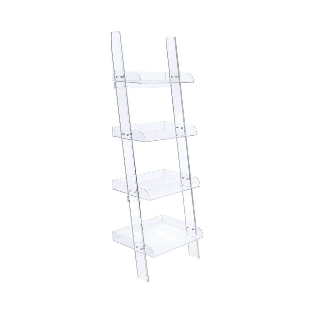 72 Inch Modern Ladder Bookcase, 4 Shelves, 3 Tray Edges, Clear Acrylic