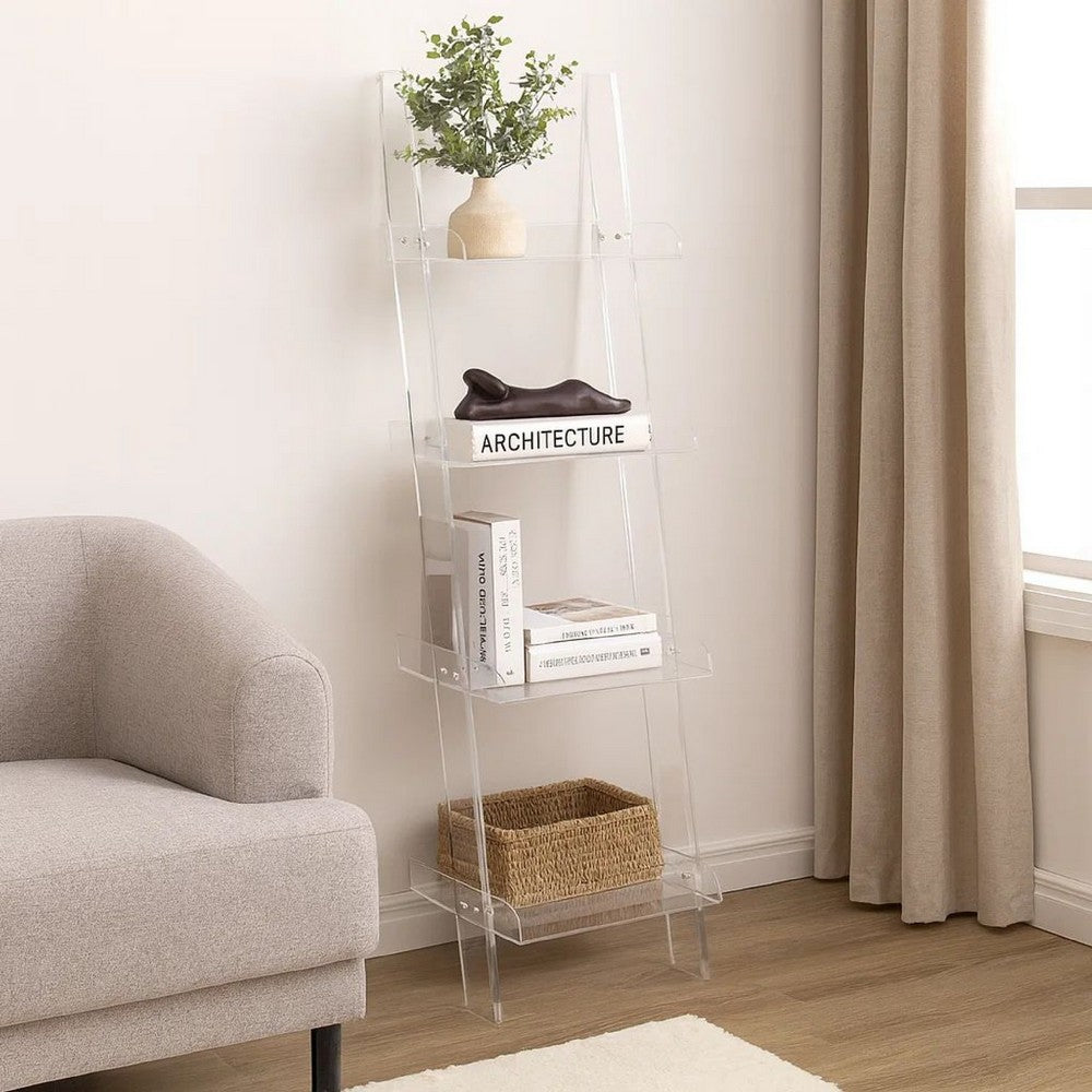 72 Inch Modern Ladder Bookcase, 4 Shelves, 3 Tray Edges, Clear Acrylic