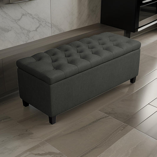 44 Inch Modern Lift Top Storage Bench, Button Tufted Seat, Charcoal Fabric By Casagear Home