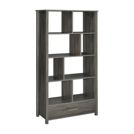 Wim 68 Inch Geometric Bookcase Etagere with 8 Shelves, Weathered Gray