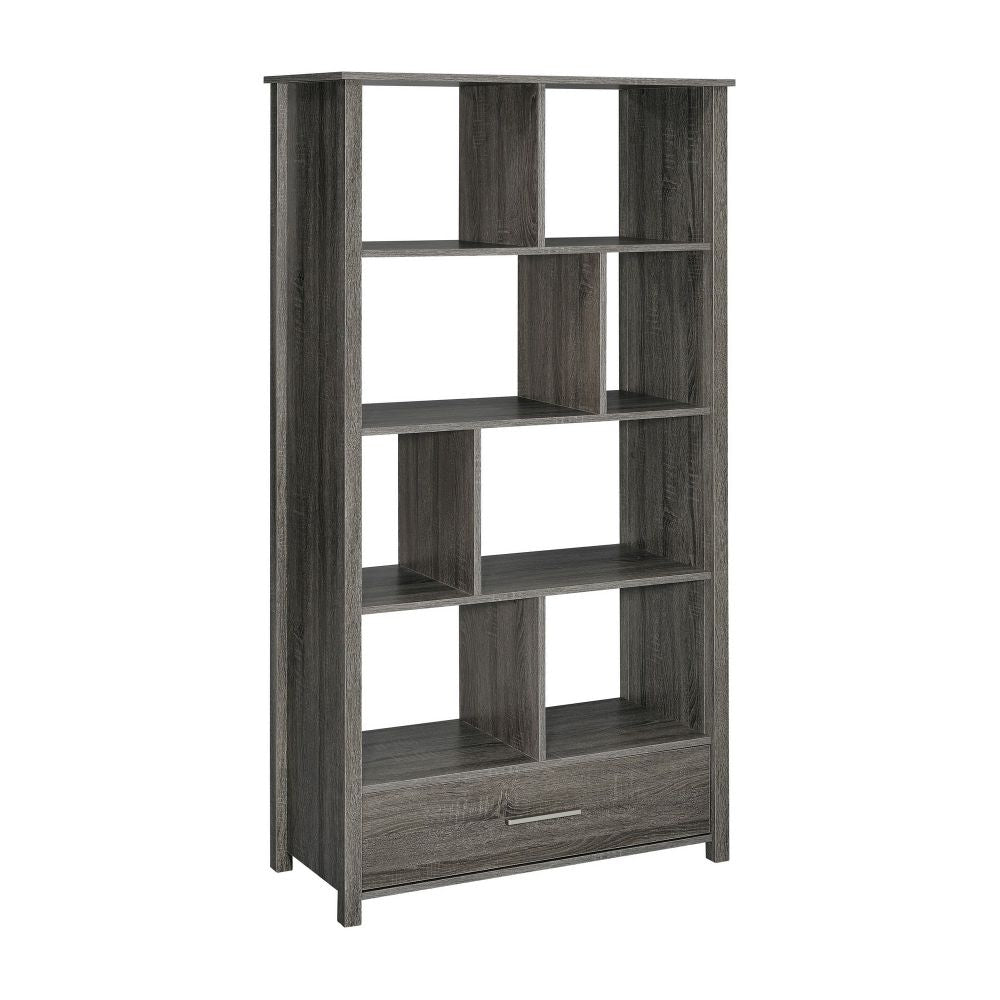 Wim 68 Inch Geometric Bookcase Etagere with 8 Shelves, Weathered Gray