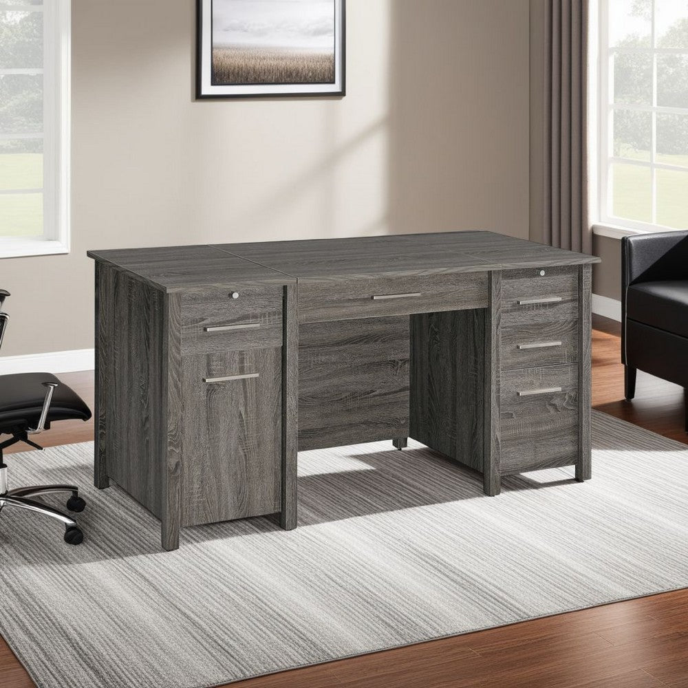 Wim 60 Inch 4 Drawer Lift Top Office Desk, 2 Pull Out Trays, Weathered Gray