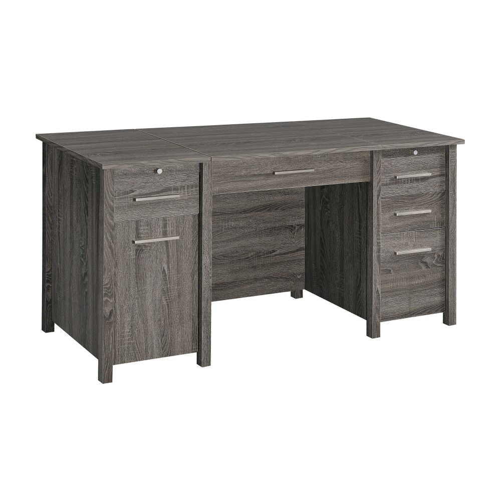 Wim 60 Inch 4 Drawer Lift Top Office Desk, 2 Pull Out Trays, Weathered Gray