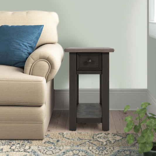 24 Inch Side End Table, Black Wood Base, Power Socket and USB Chargers By Casagear Home