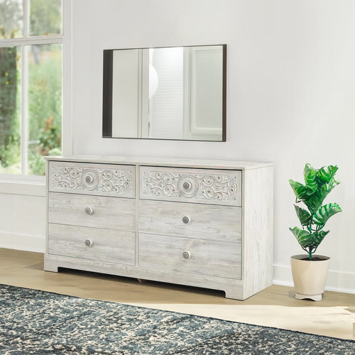 Dresser | 59" | 6 Drawers | Medallion Front | Whitewashed MDF