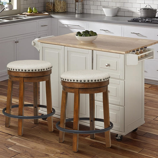 Zane Counter Stool | 24" | Backless Swivel | Beige Seat | Brown Wood