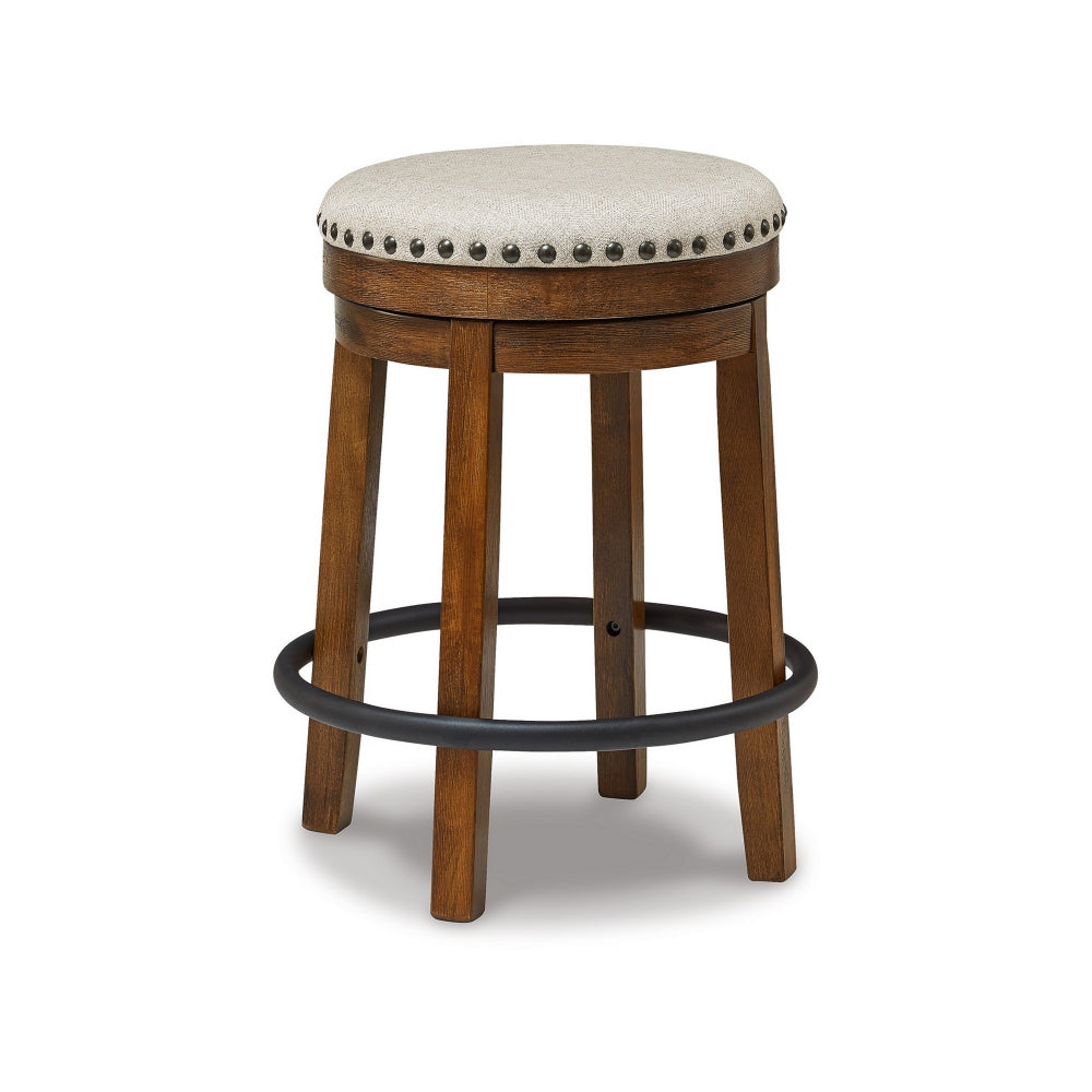Zane 24 Inch Backless Swivel Counter Stool Round Beige Seat Brown Wood By Casagear Home BM296562