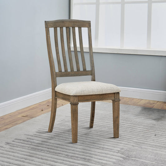 19 Inch Dining Chair, Set of 2, Slatted Back, Brown Wood, Beige Polyester By Casagear Home