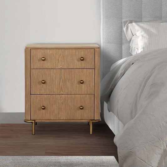 Hiz 29 Inch 3 Drawer Nightstand with Dual USB Ports, Brass Legs, Brown By Casagear Home