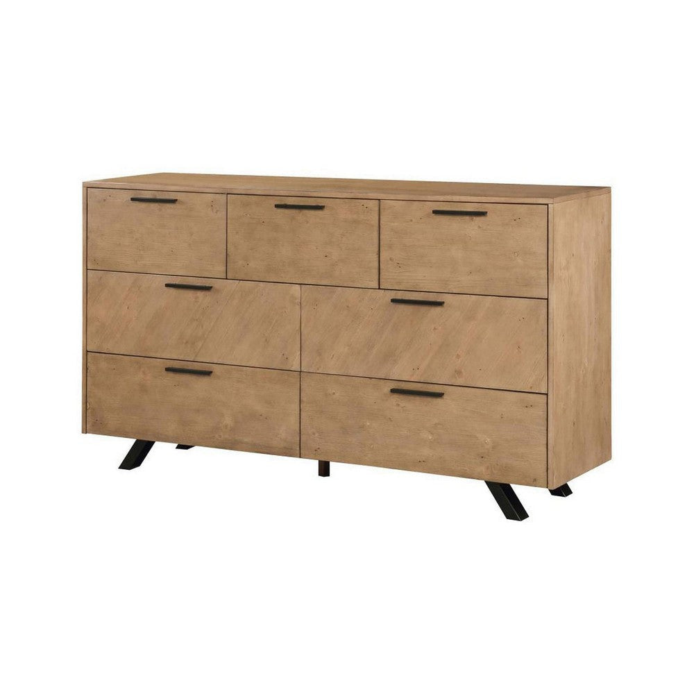 Log 68 Inch 7 Drawer Dresser with Angled Black Legs Natural Brown Finish By Casagear Home BM296631