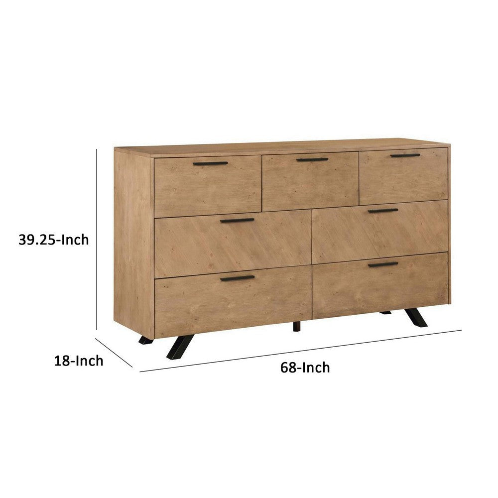 Log 68 Inch 7 Drawer Dresser with Angled Black Legs Natural Brown Finish By Casagear Home BM296631