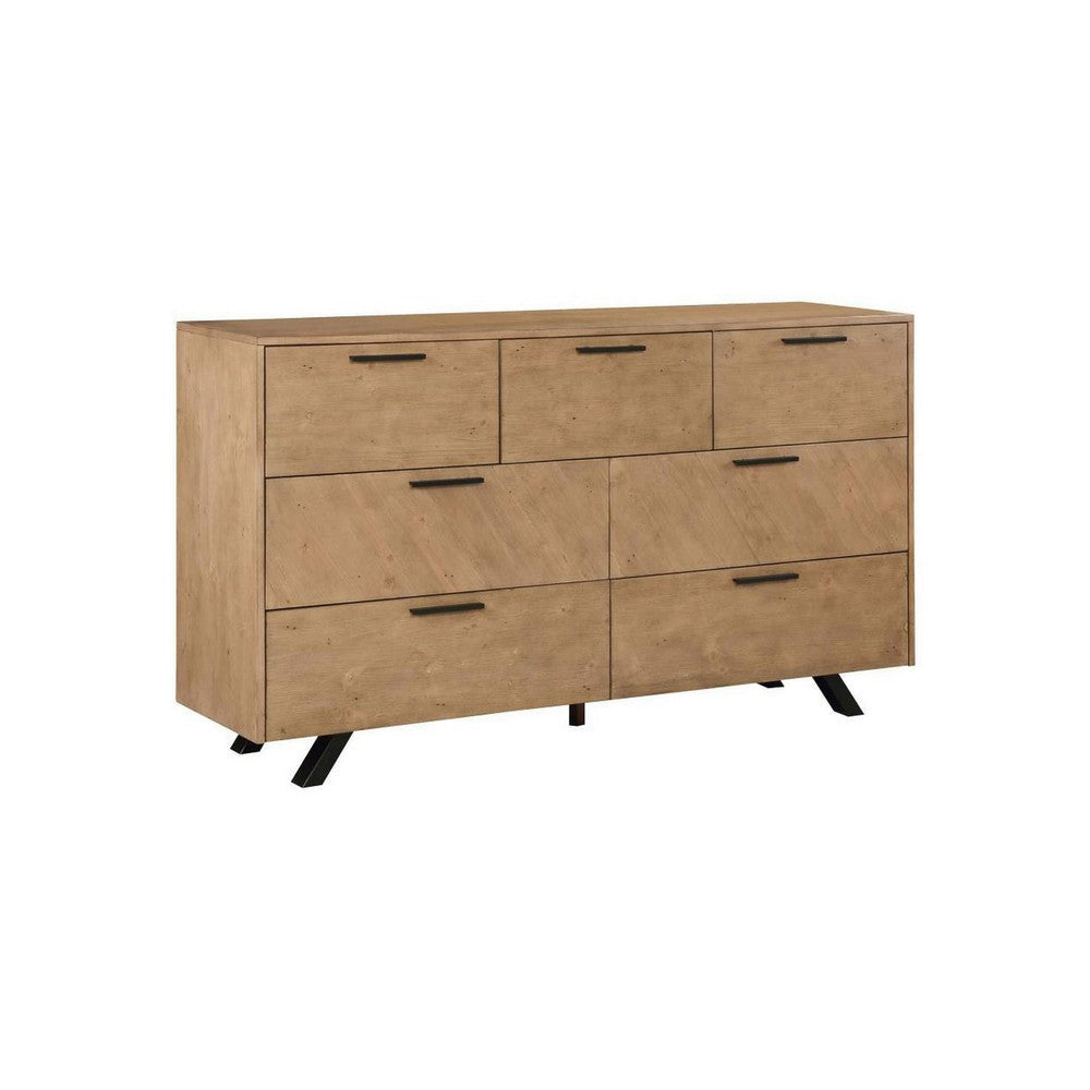 Log 68 Inch 7 Drawer Dresser with Angled Black Legs, Natural Brown Finish By Casagear Home