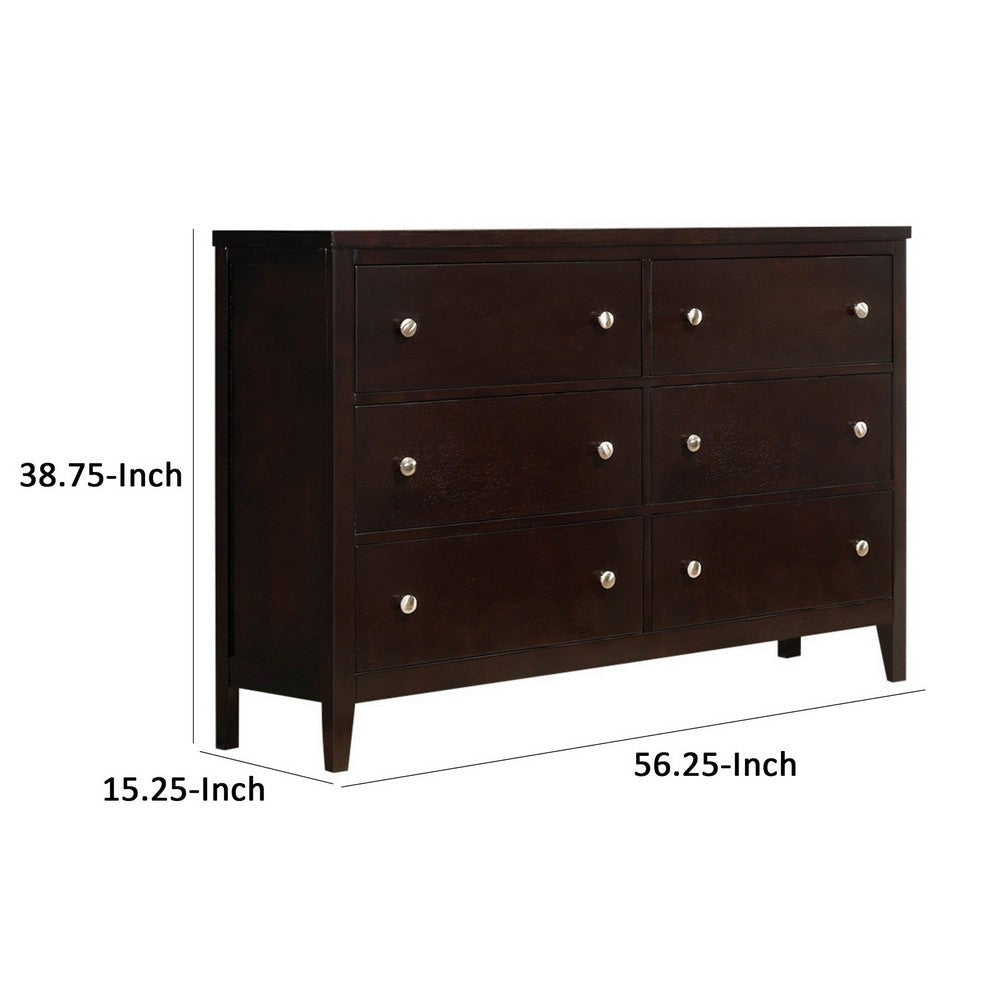 Con 56 Inch Wide Dresser 6 Drawers with Silver Knobs Cappuccino Brown By Casagear Home BM296653