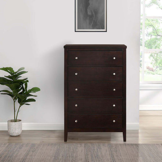 Con 48 Inch Tall 5 Drawer Dresser Chest, Silver Knobs, Cappuccino Brown By Casagear Home