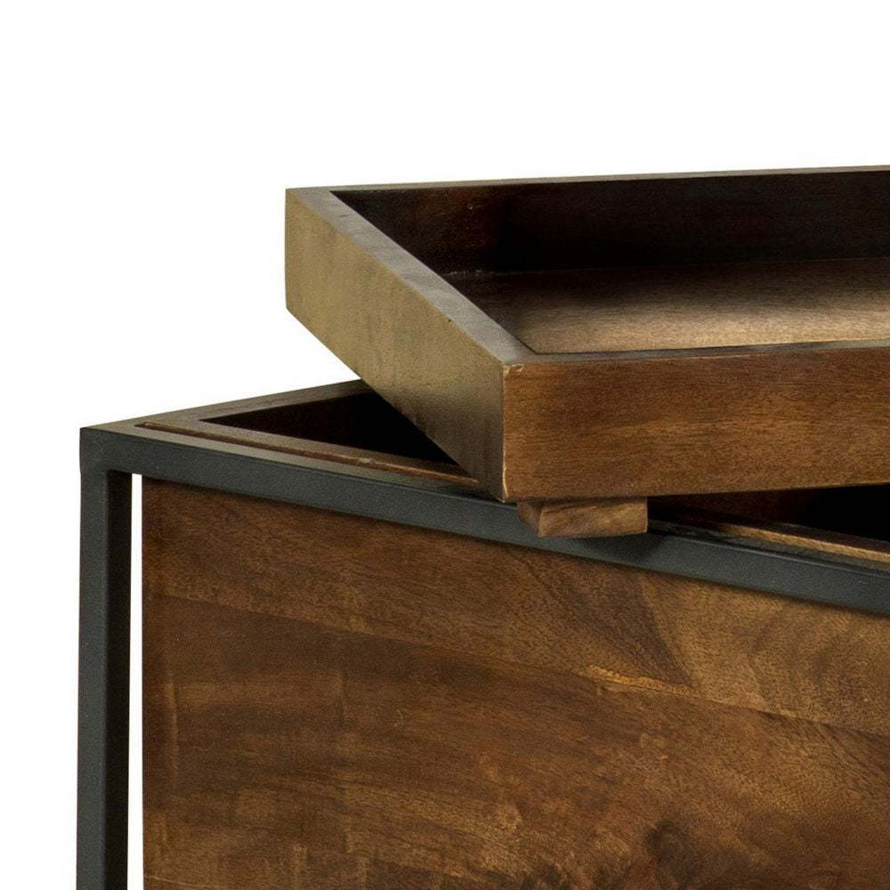 22 Inch Modern Square Accent Table Removable Tray Top with Storage Brown BM296658