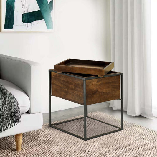 22 Inch Modern Square Accent Table, Removable Tray Top with Storage, Brown