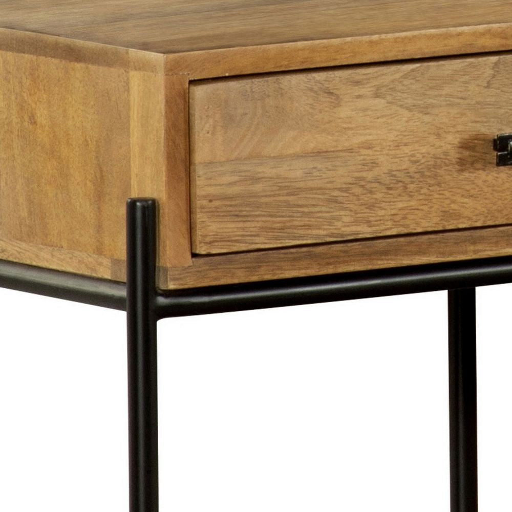 22 Inch 1 Drawer Accent Table Open Shelf Black Iron Frame Natural Brown BM296659