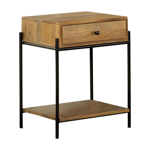 22 Inch 1 Drawer Accent Table, Open Shelf, Black Iron Frame, Natural Brown