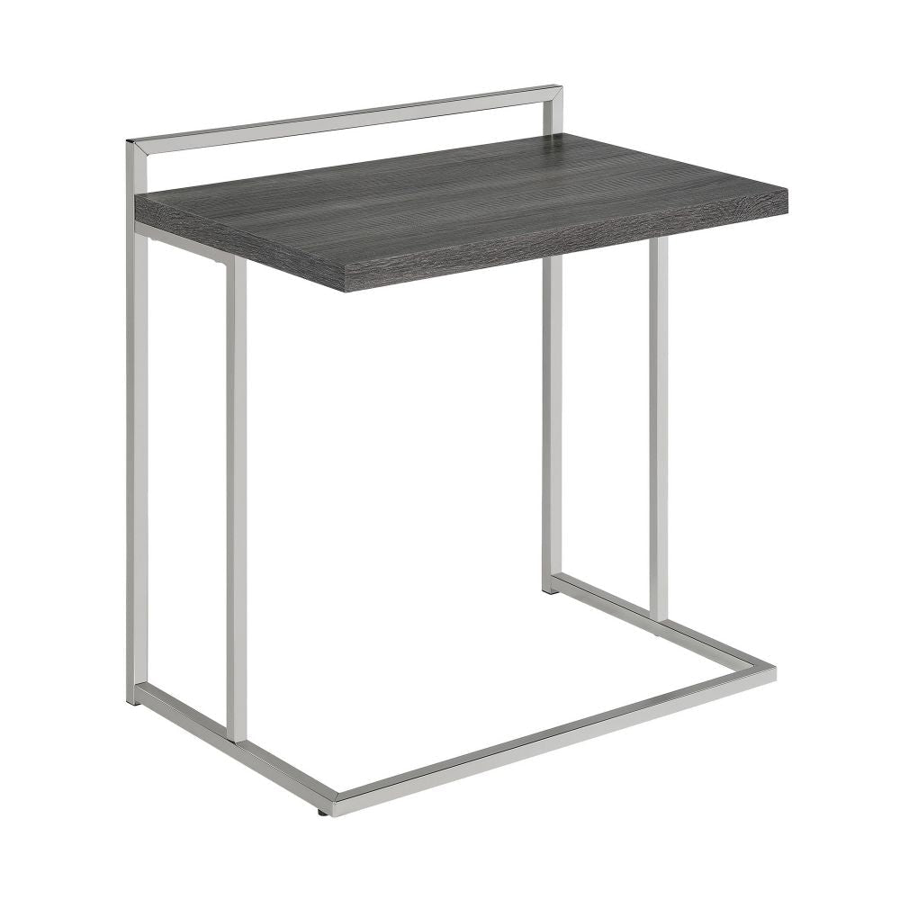 Dey 27 Inch C Shape Side End Table, Weathered Gray Top, Satin Nickel Metal By Casagear Home