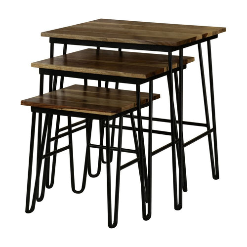 16, 20, 24 Inch Set of 3 Nesting Tables, Rectangular Brown Wood, Black Legs