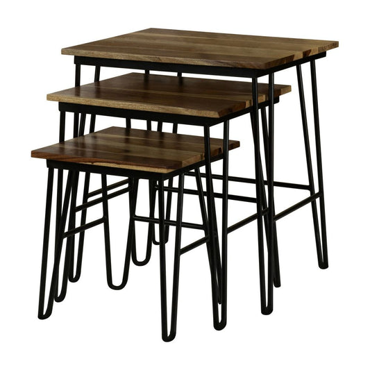 16, 20, 24 Inch Set of 3 Nesting Tables, Rectangular Brown Wood, Black Legs