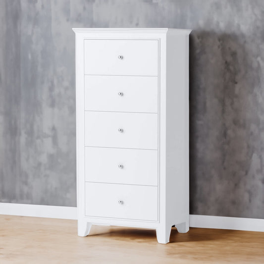 Nee 48 Inch Tall Dresser Chest, 5 Drawers with Silver Knobs, Matte White By Casagear Home