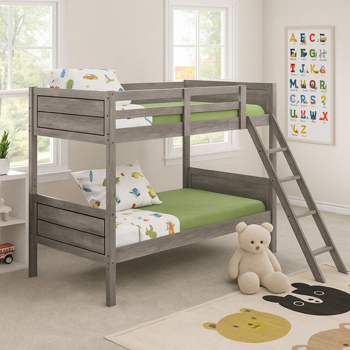 Twin Over Twin Bunk Beds, Curved Headboards, Ladder, Straight Legs, Taupe