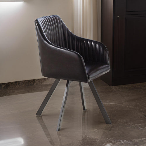 24 Inch Swivel Accent Chair, Black Faux Leather Seat, Channel Tufted Design