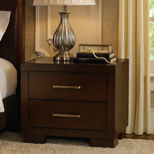 Bela 26 Inch 2 Drawer Nightstand, Felt Lined, Silver Handles, Dark Brown
