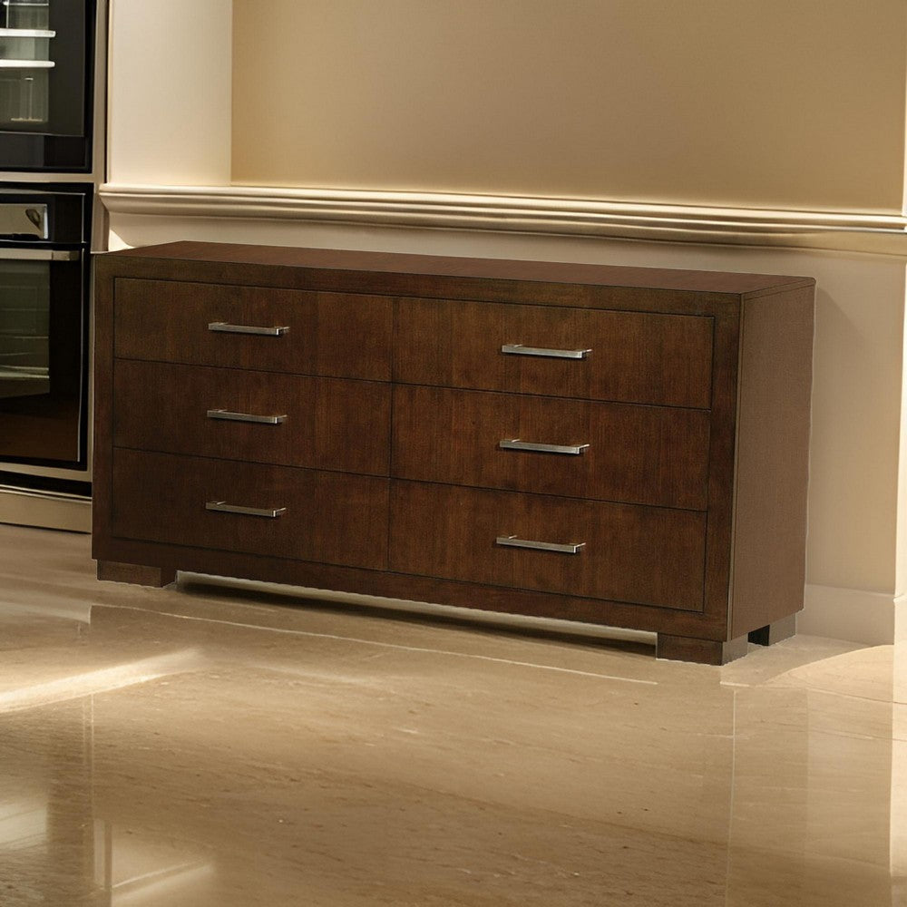 Bela 64 Inch Wide 6 Drawer Dresser, Felt Lined, Silver Handles, Dark Brown