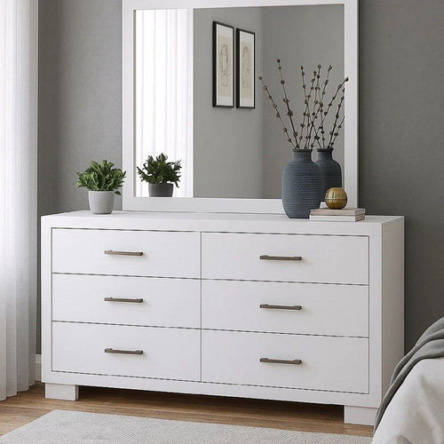 Bela 64 Inch Wide 6 Drawer Dresser, Felt Lined, Silver Handles, Crisp White