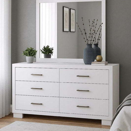 Bela 64 Inch Wide 6 Drawer Dresser, Felt Lined, Silver Handles, Crisp White