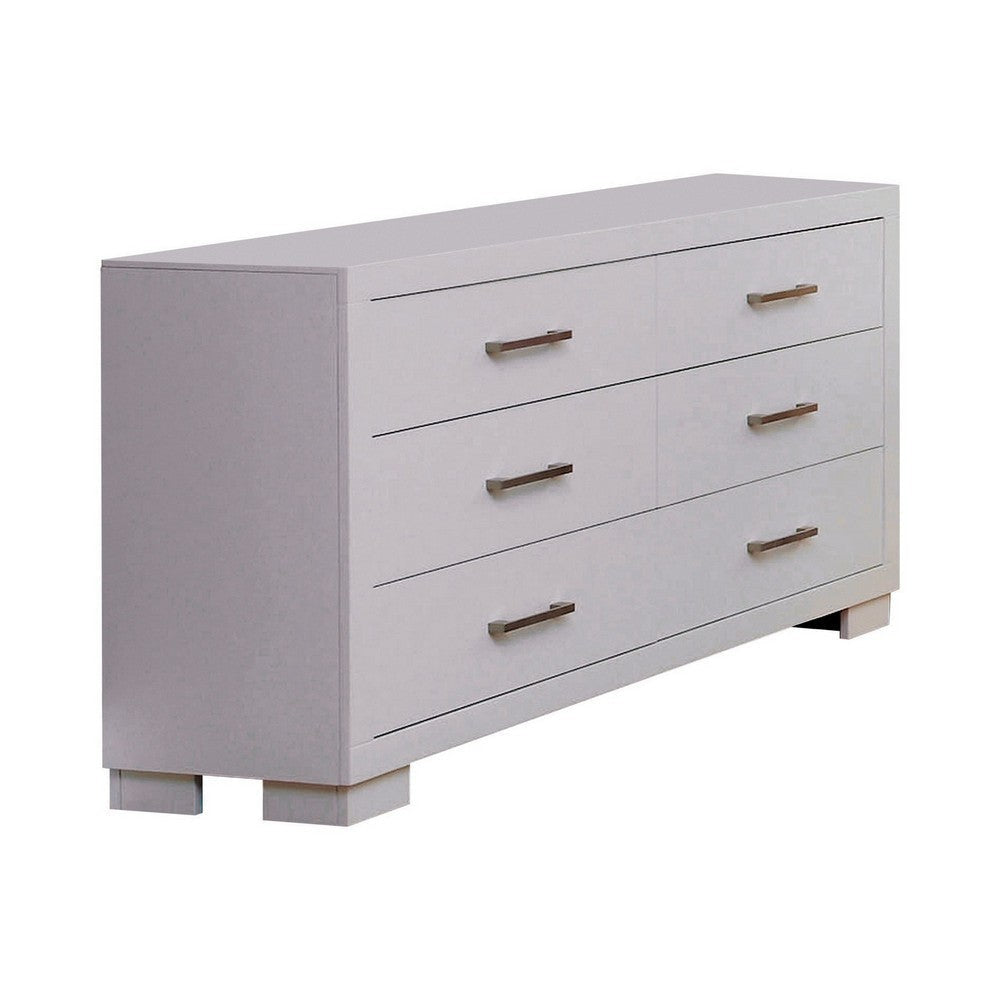 Bela 64 Inch Wide 6 Drawer Dresser, Felt Lined, Silver Handles, Crisp White