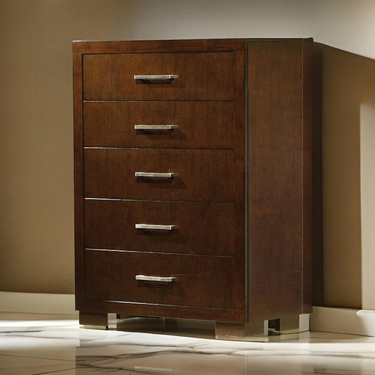 Bela 49 Inch 5 Drawer Tall Dresser Chest, Felt Lined, Silver Handles, Brown