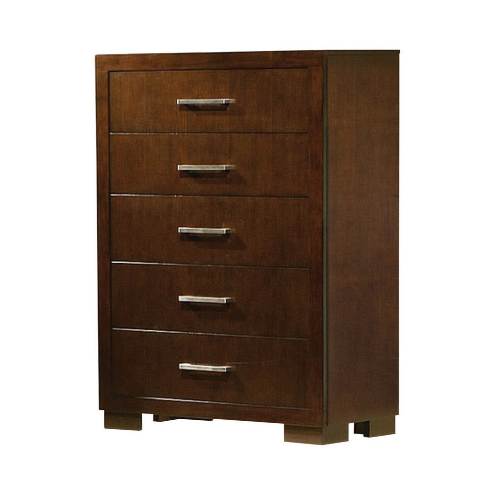 Bela 49 Inch 5 Drawer Tall Dresser Chest, Felt Lined, Silver Handles, Brown