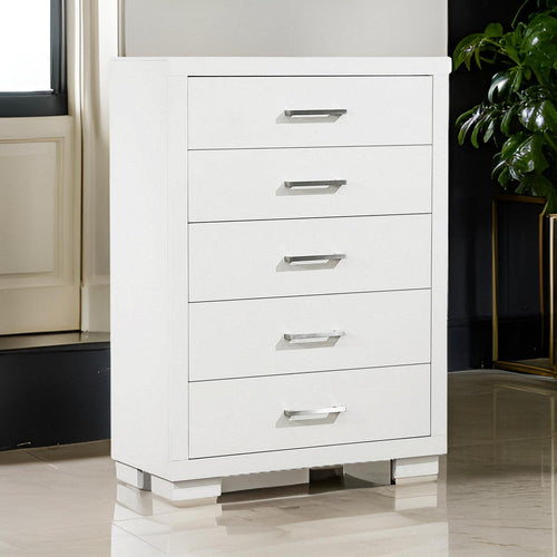 Bela 49 Inch Tall 5 Drawer Dresser Chest, Felt Lined, Silver Handles, White