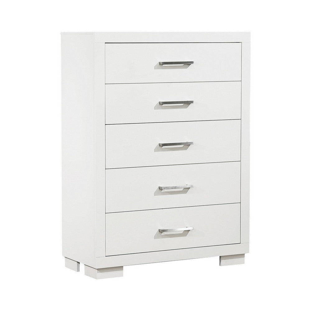 Bela 49 Inch Tall 5 Drawer Dresser Chest, Felt Lined, Silver Handles, White