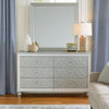 Gina 62 Inch Wide Dresser, 6 Fretwork Drawers, Mirror Trim, Silver Finish