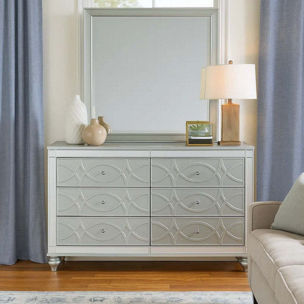 Gina 62 Inch Wide Dresser, 6 Fretwork Drawers, Mirror Trim, Silver Finish