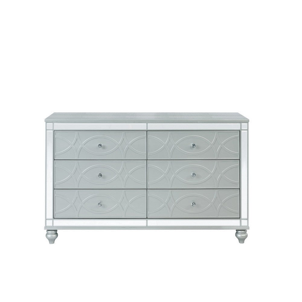 Gina 62 Inch Wide Dresser, 6 Fretwork Drawers, Mirror Trim, Silver Finish