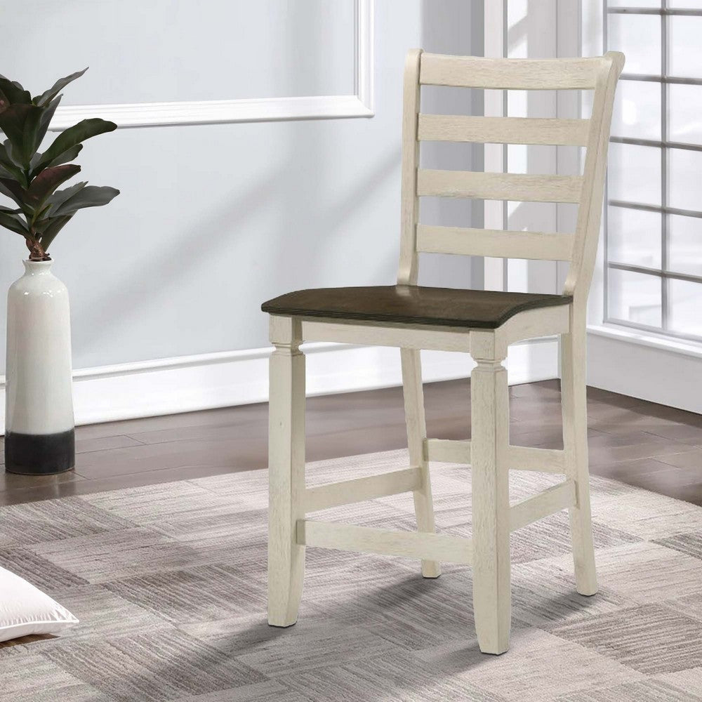 24 Inch Counter Height Stool, Smooth Tan Cushion, Antique White Wood Frame