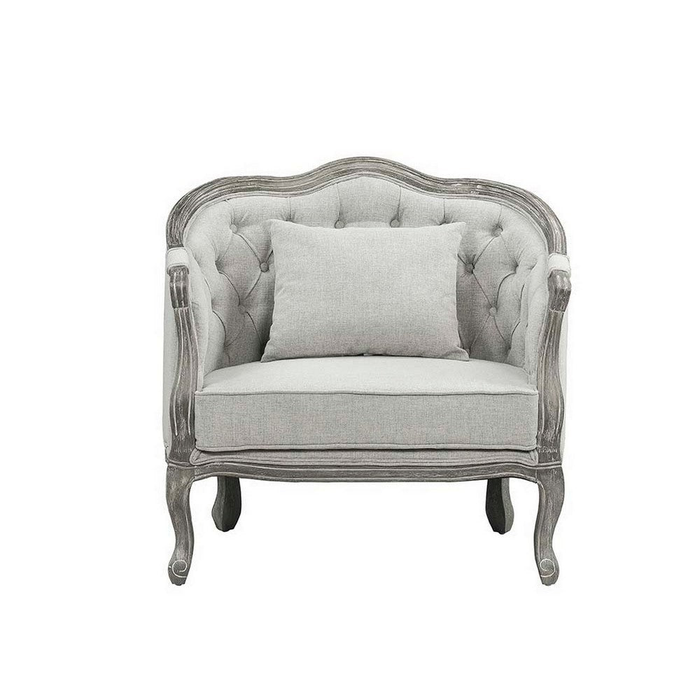 37 Inch Gray Oak Accent Chair Smooth Gray Linen Upholstery Button Tufted BM296813
