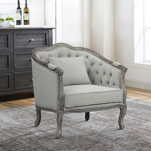 37 Inch Gray Oak Accent Chair, Smooth Gray Linen Upholstery, Button Tufted